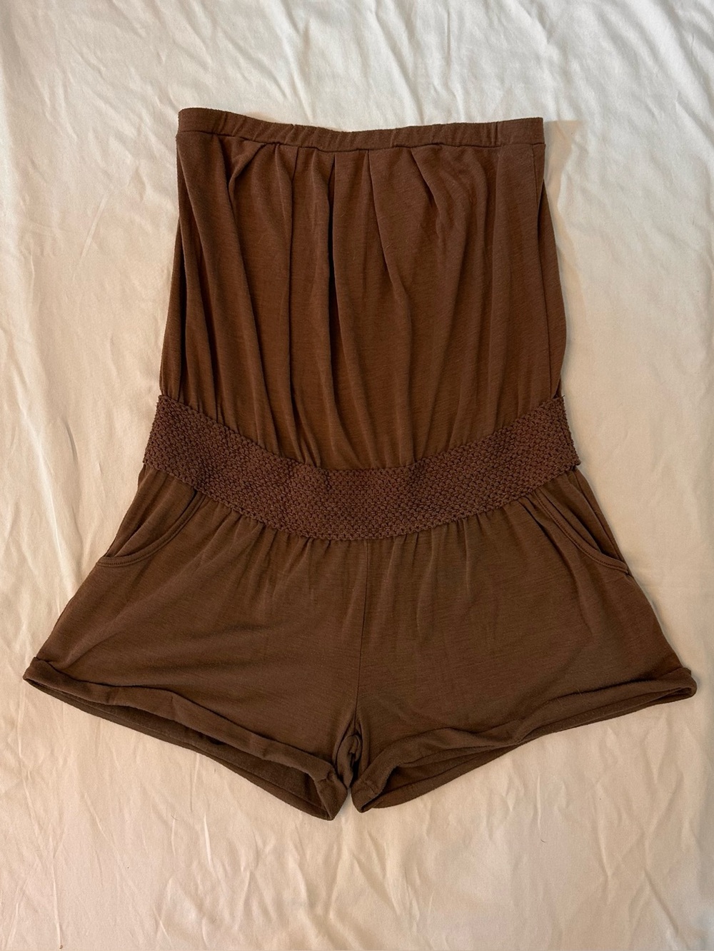 Vintage Y2K Earthy Boho Brown Strapless Romper w Crochet Details by Body Central